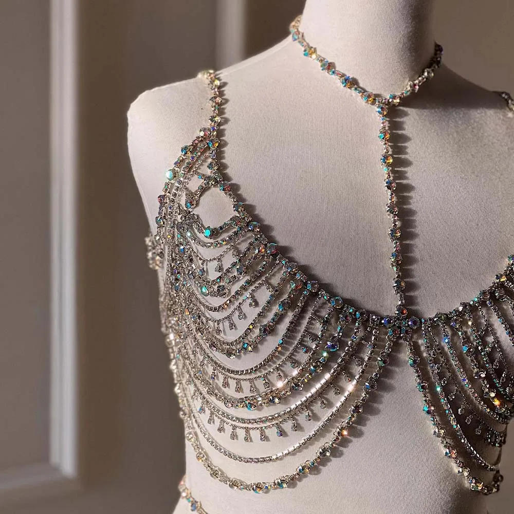 Stonefans Layered Neck Bra Sexy Body Jewelry Bikini Necklace Rhinestone Shoulder AB Color Rave Chest Chain Bohemian Women Party