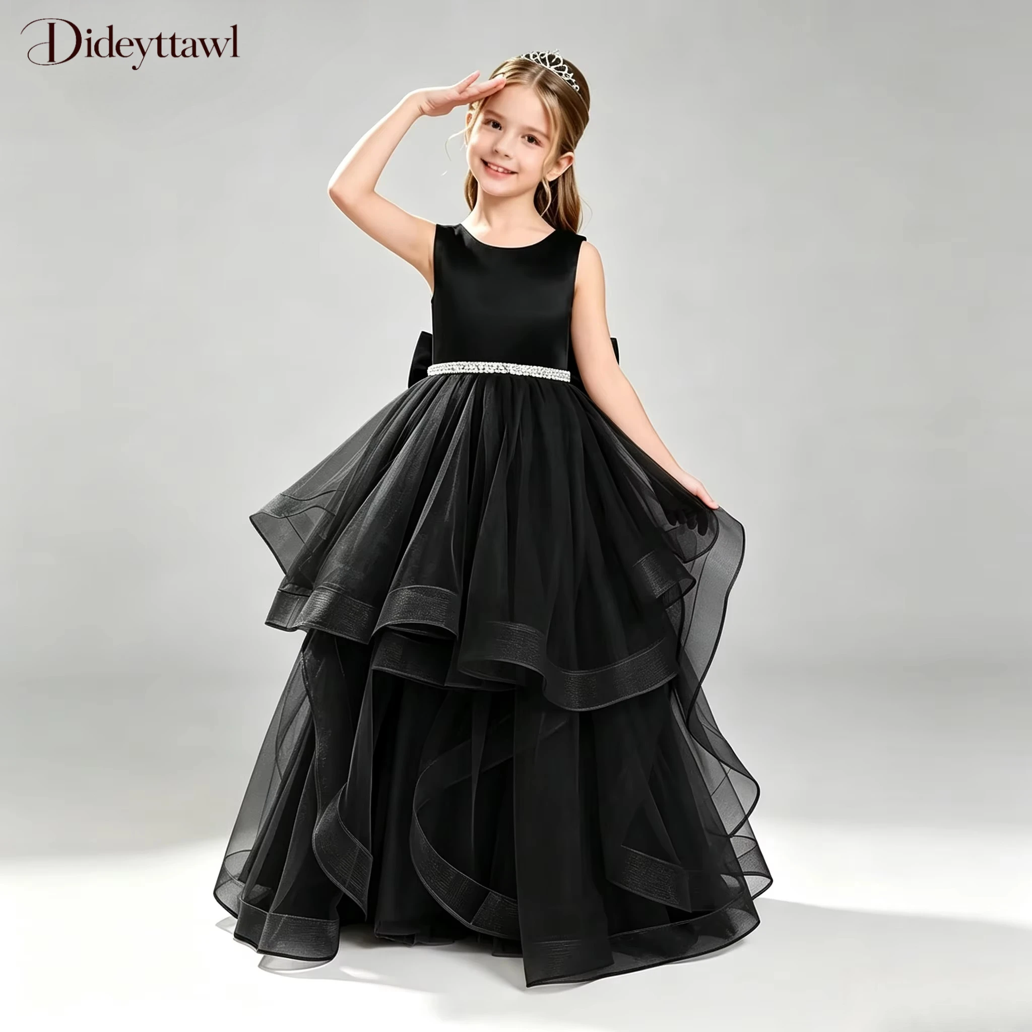 Multi Color Sleeveless Pageant Dress V Back Big Bow Tiered Tulle Long Evening Gown Rhinestone Waist Formal Party Prom Costume