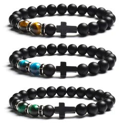 Fashion Religion Cross Men Women 8mm Natural Stone Tiger Eye & Black Matte Agates Bead Bracelet Elastic Bracelet Bangle Jewelry