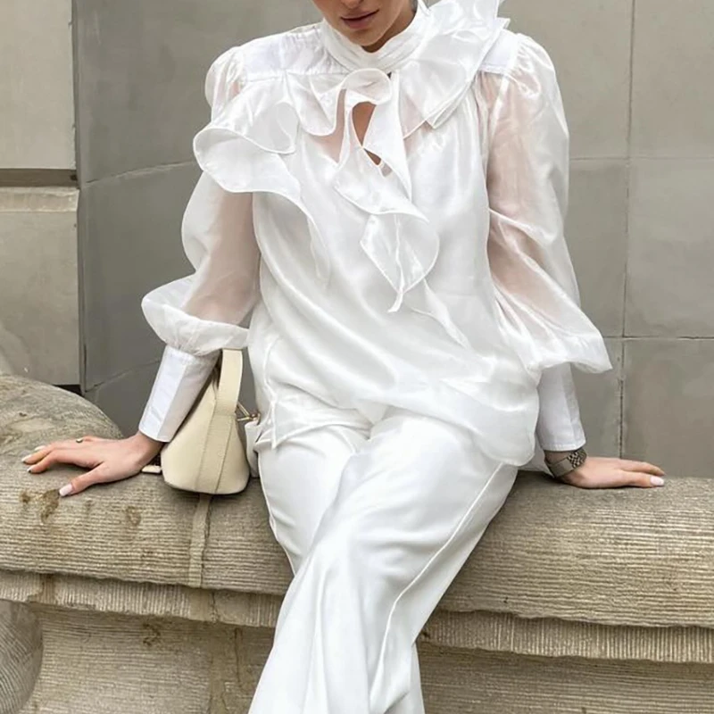 

2025 Summer New Ruffle Streamer See-through Tencel Shirt Design Sense Elegant Tops Fashion Casual Cross-border Commuting Clothes