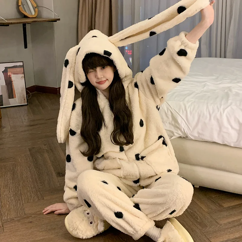 

Korean Version Coral Fleece Home Clothing Women's Pajamas Thickened Polka Dot Hooded Suit Autumn Winter Girl's Student Sleepcoat
