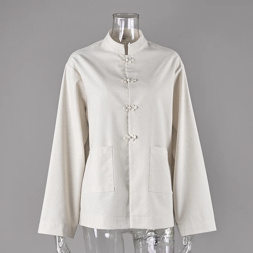 Khaki Vintage Stand Collar Blouse - Women's Long Sleeve Button Top