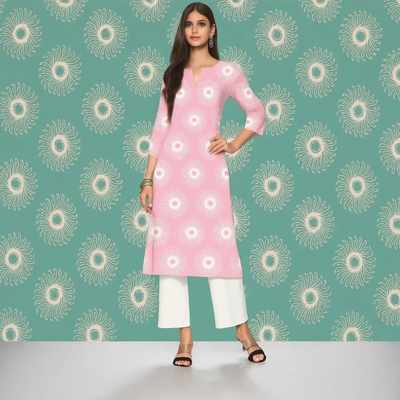 Muslim Dress Kurt women's Fashionable And Elegant Long Sleeved Straight Tube Casual Round Neck Flowers Pattern Noble Skirt 2026