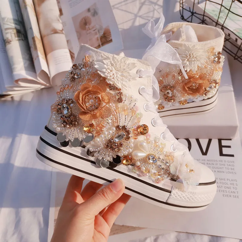 

Handcrafted beaded ribbon flower rhinestones party banquet wedding canvas shoes platform high top casual women's shoes 35-40