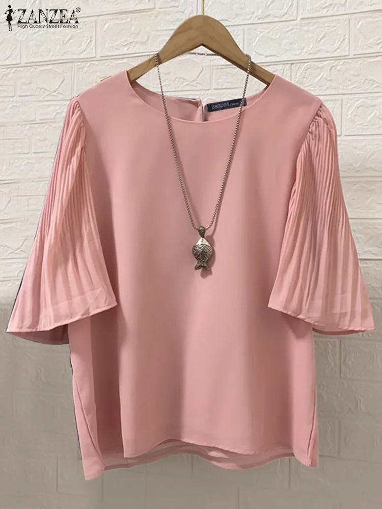 

ZANZEA Elegant Chiffon Basic Tops Women Summer Blouse Korean Fashion 3/4 Flared Sleeve Blouse 2024 Casual O-neck Tunic Oversized