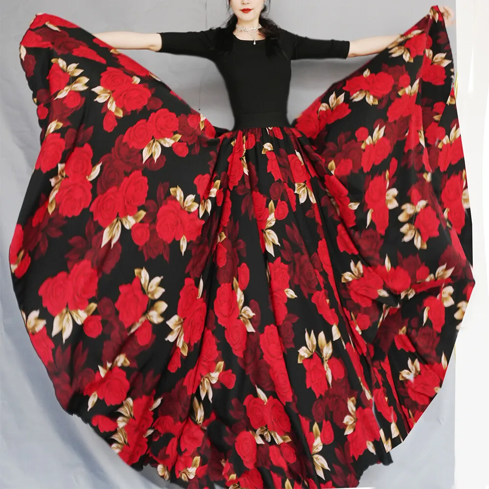 Free Shipping 2025 Sring Big Hem A-line Womens Maxi Skirt Big flower Pattern Chiffon satin Ladies' Long Skirts for Womens