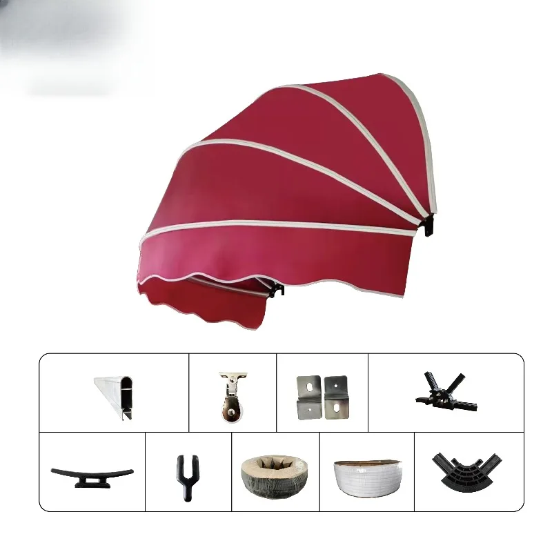 Watermelon-colored sunshade accessory kit with curved frame joints and mounting parts