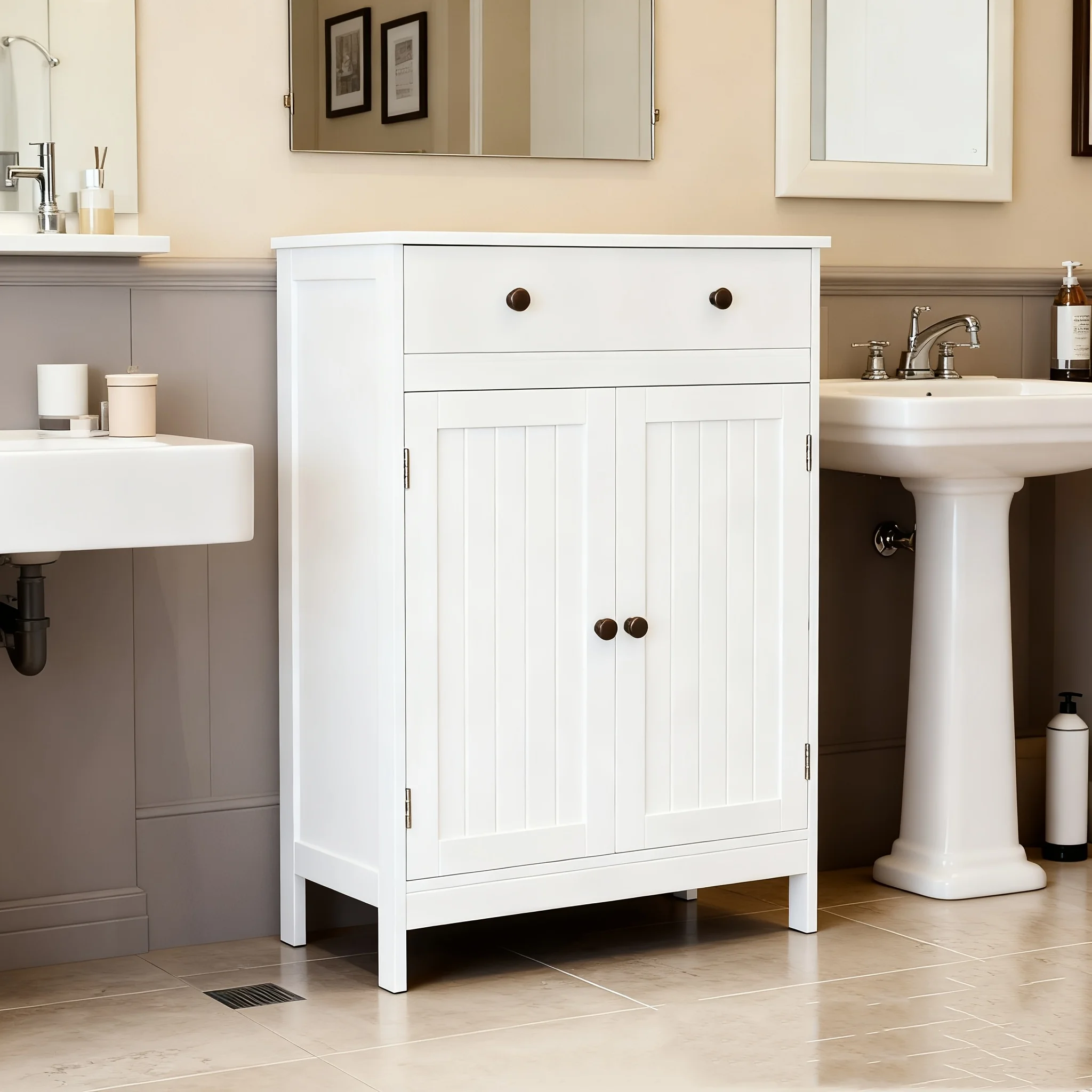 

Double Doors Bathroom Cabinet with Drawer - Freestanding -Standing Storage Unit, Wood Doors & Metal Frame, Modern Suitable for Bath/Shower/Small Spaces, Space-Saving with Door and Drawer