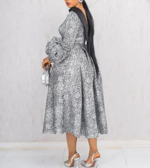 

2025 Color Blocking Patchwork Leopard Print Flamboyant Lantern Sleeve Dress Autumn Women's Banquet Party Long Sleeved Dress