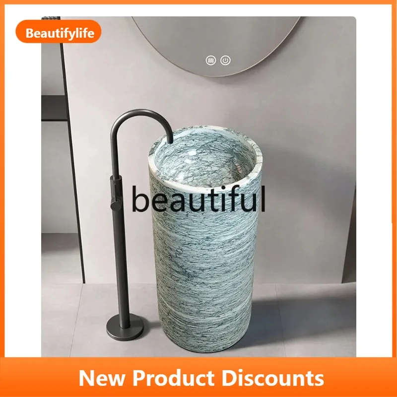 B73 High-end customized natural marble column basin hotel, light luxury stone floor-to-ceiling integrated hand wash basin