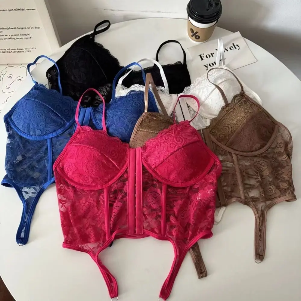 Fashion V-Neck Sexy Lace Corset Top Push Up Slim Fit Floral Lace Camisole INS Off Shoulder Hollow Suspender Vest Girl