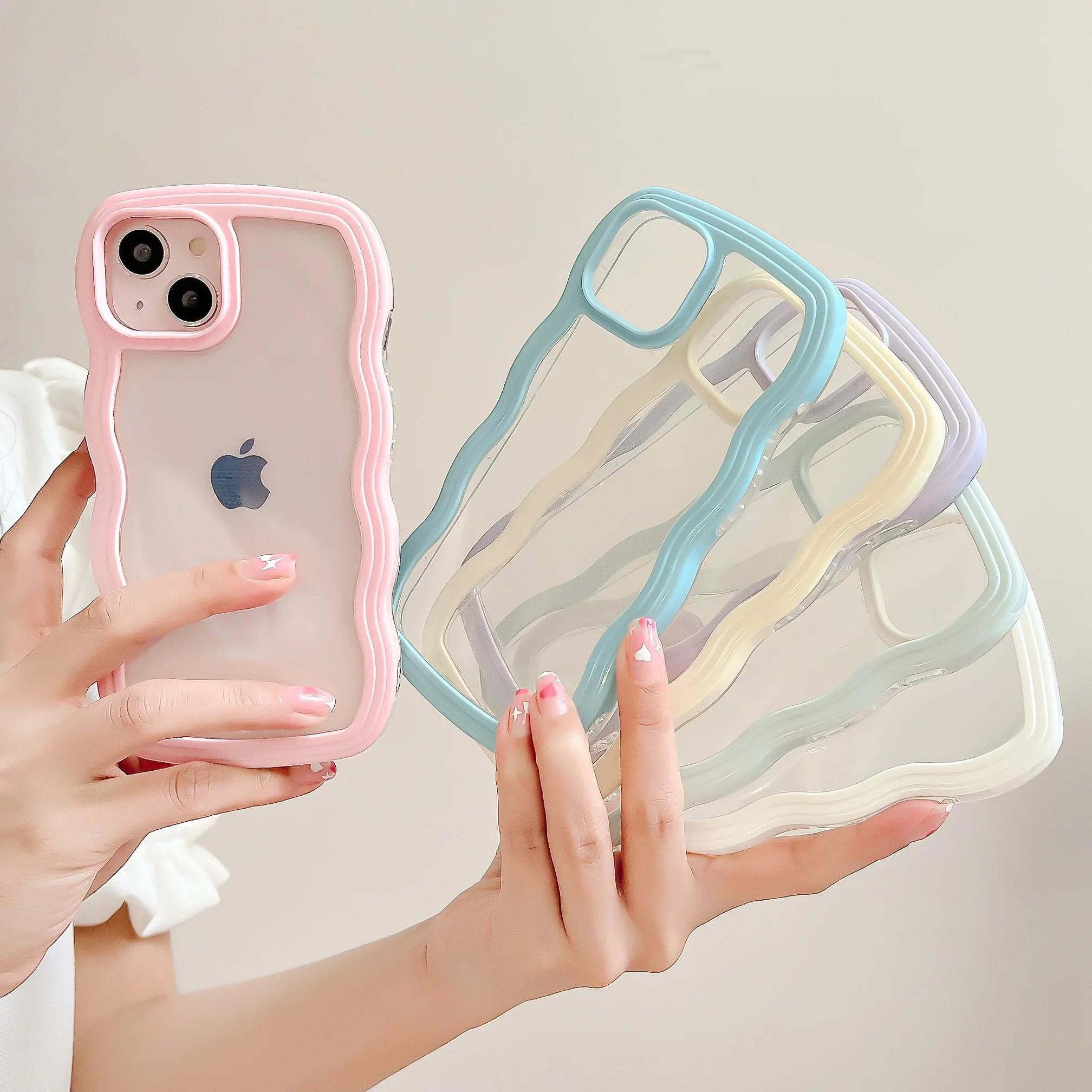 Fashion Transparent Curly Wave Case for iPhone  16 11 12 13 14 15 Pro Max 8 Plus X XR XS Shockproof Bumper Cover Capa Aesthetic