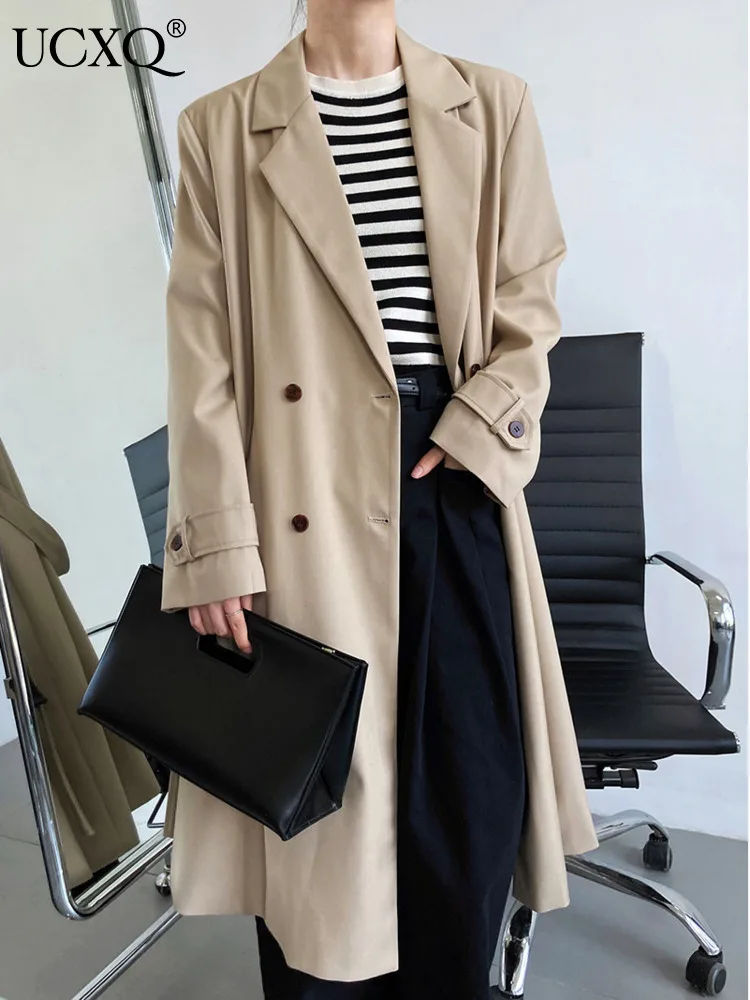 

UCXQ Элегантный плащ в минималистском стиле, двубортный костюм с воротником на шнуровке, длина до талии, женская куртка 2024, весна-осень A9681