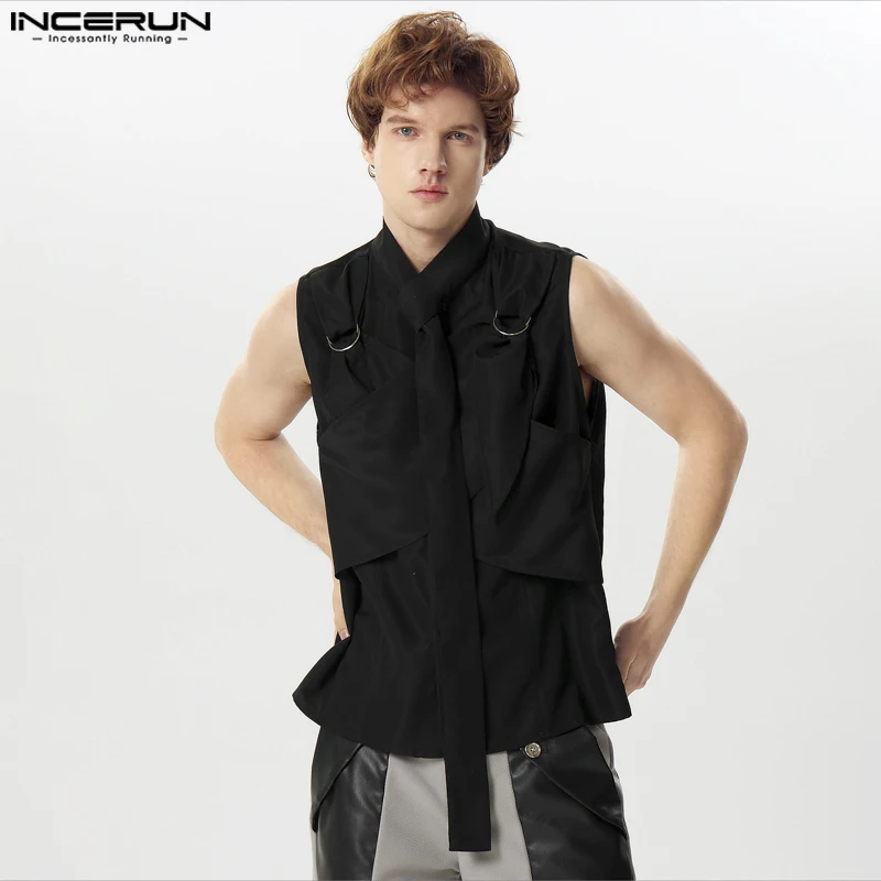 INCERUN Men Irregular Shirt Solid Color Lapel Sleeveless Casual Male Vests Streetwear Summer 2024 Fashion Men Clothing S-5XL