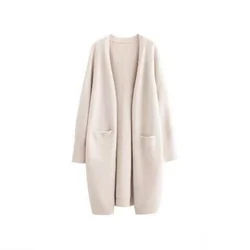Women Solid Color Loose Thick Warm Sweater Cardigan Pocket Ladies Spring Autumn V Neck Long Knitted Coat Female Casual Tops