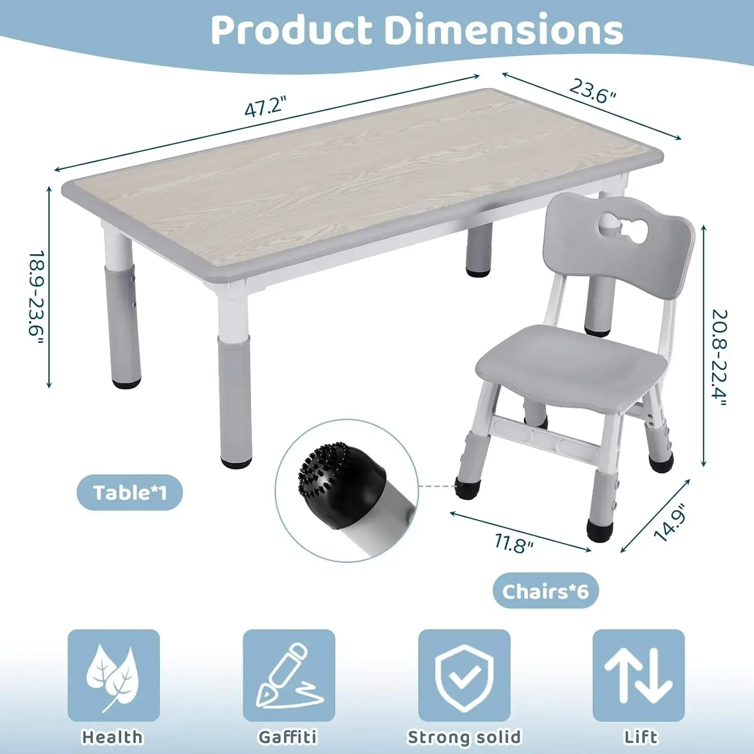 Kids Study Table and 6 Chairs Set, Height Adjustable Graffiti Table, Preschool Activity Art Craft Table for 6, Multifunct