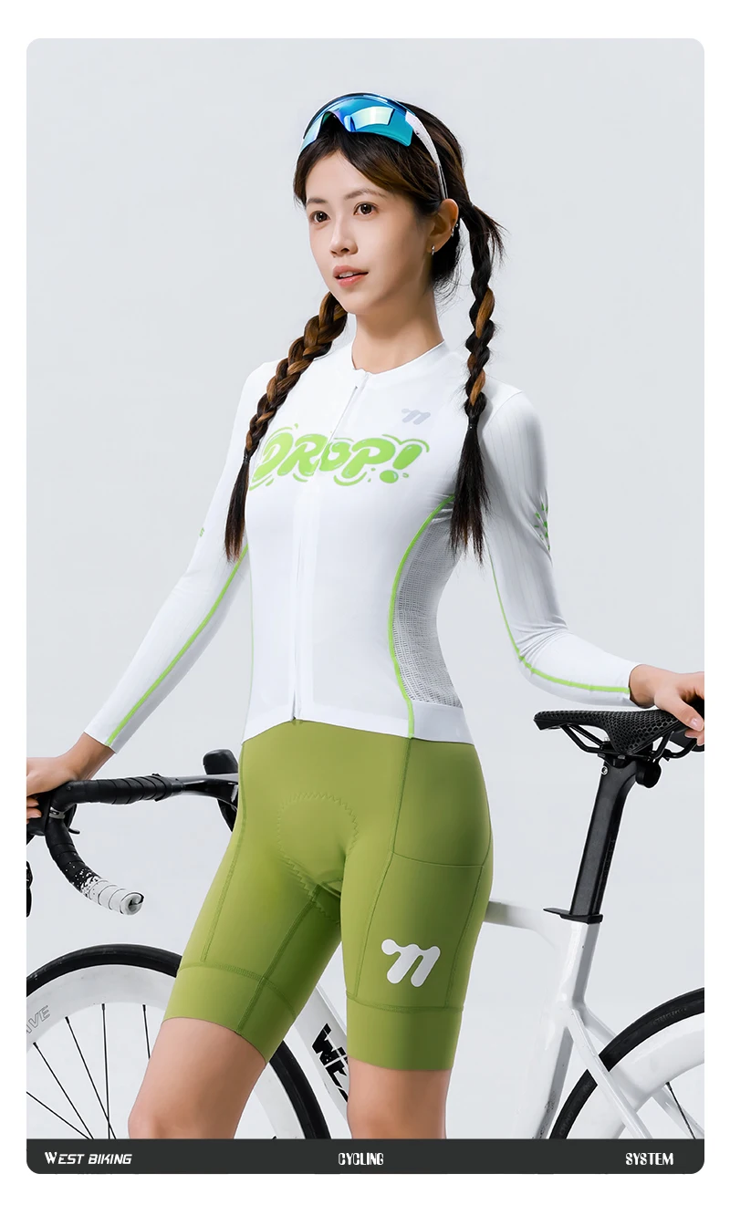 WEST BIKING Damen Fahrradtrikot Langarm Atmungsaktiv Schnelltrocknend Weiß Grün Racing Slim Fit Fahrradbekleidung Sommer-Reitoberteil – Detail 16