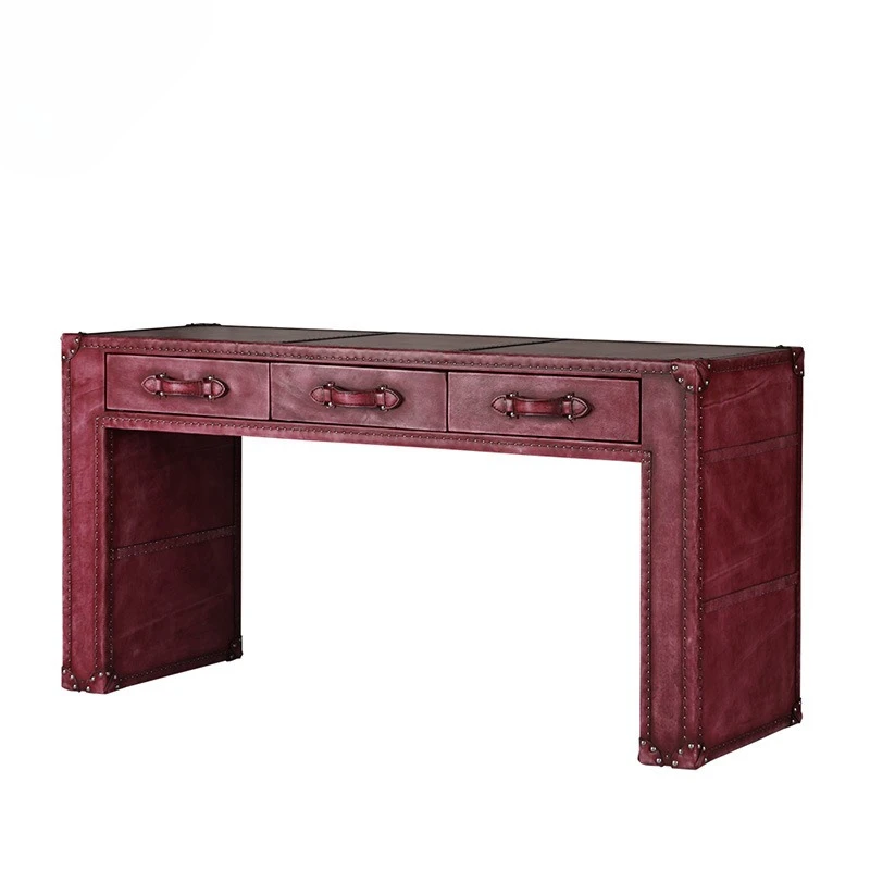 American industrial style metal first layer cowhide leather computer table hotel corridor entrance table