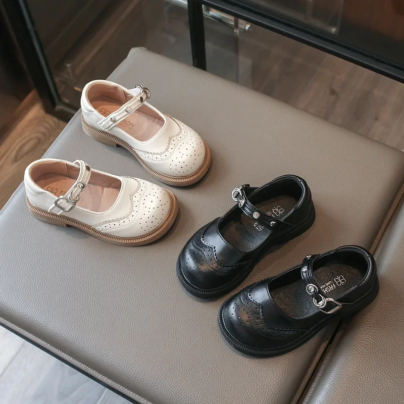 Jogerli Girls British Style Brock PU Leather Shoes Spring Autumn New Soft-soled Retro Mary Jane Children's Trend Loafer Shoes