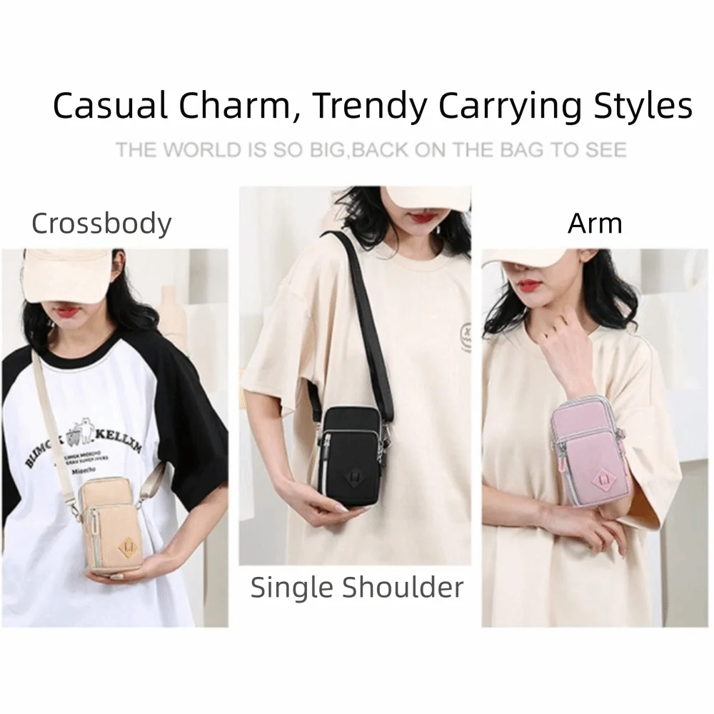 Waterproof Mobile Phone Bag Nylon Fabric Multi-layer Zipper Crossbody Bag Adjustable Strap Shoulder Crossbody Bags