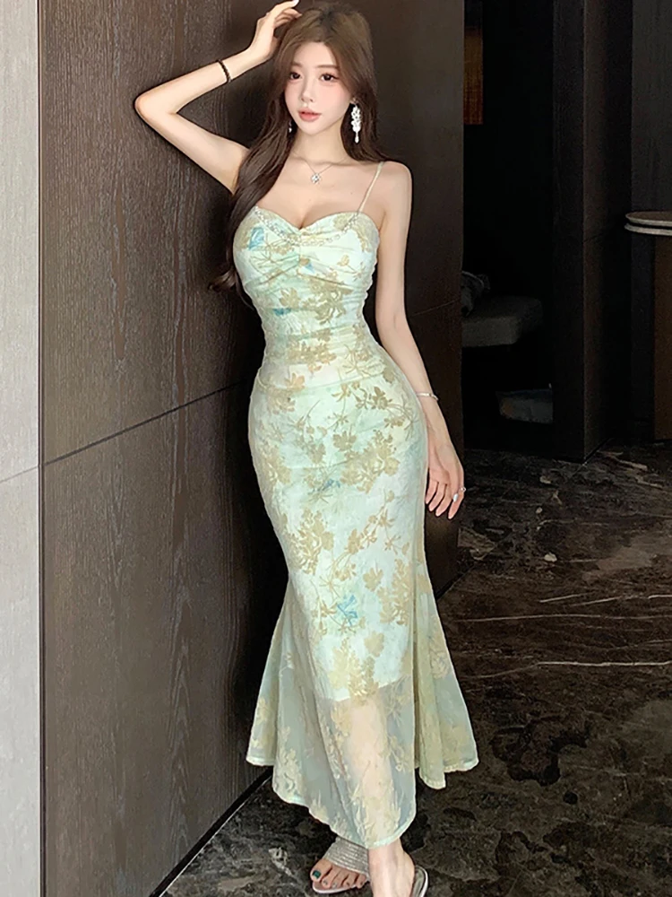 المرأة الأخضر الأزهار شبكة شيك حبال مثير فستان طويل الصيف بوهو فستان مناسبات أنيقة 2025 الكورية أنيقة Bodycon فساتين غير رسمية #2