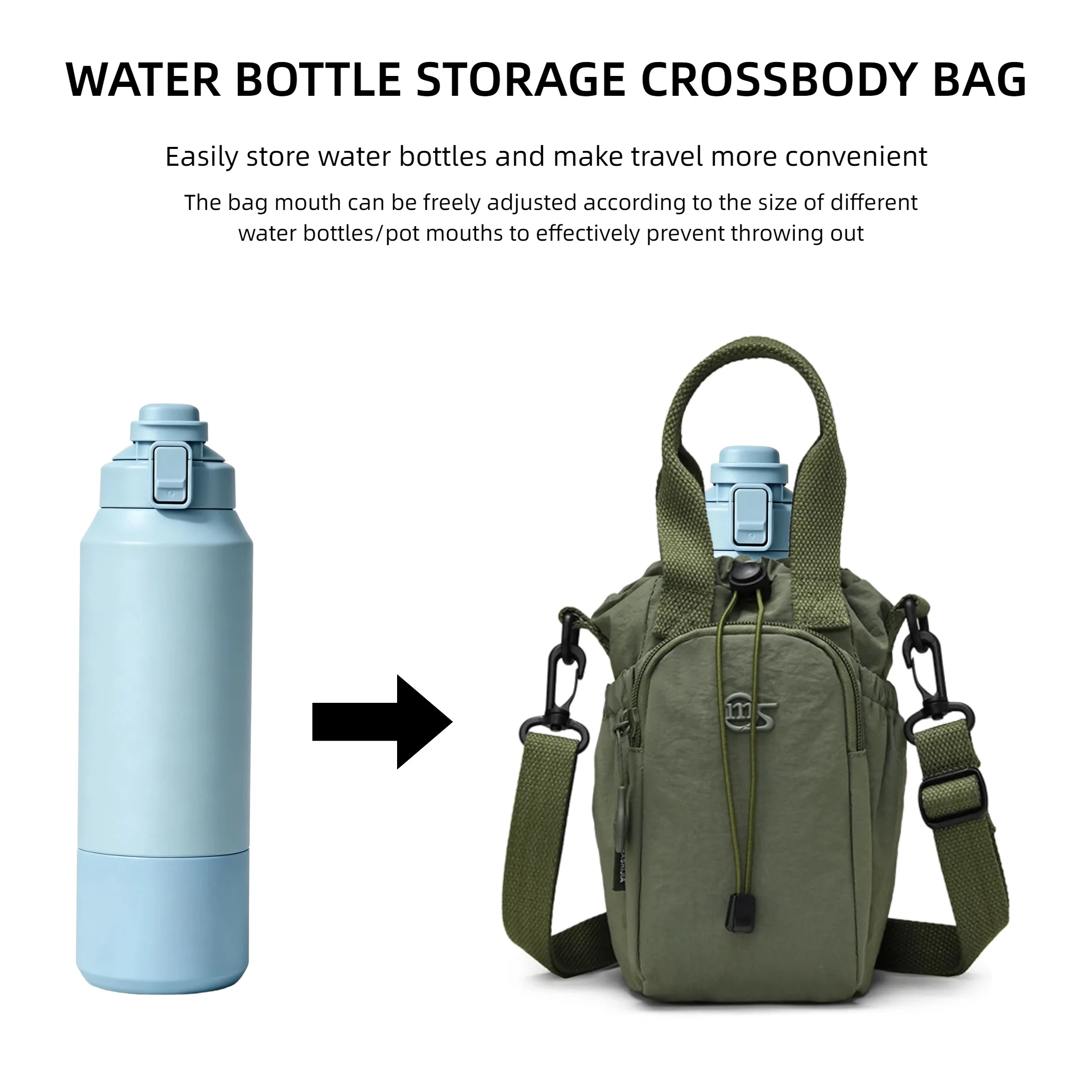 Tragbare Wasserflaschentasche mit Kordelzug, Kleine Handtasche mit Handyfach und Verstellbarem Schultergurt für Reisen und Spaziergänge – Detail 13