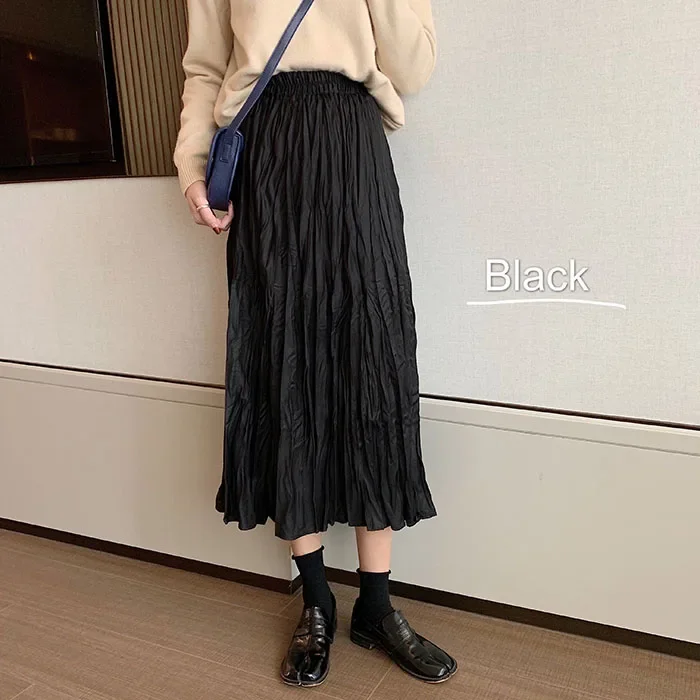 New Korean Style Cute Pleated Midi Skirt Women Fashion Casual Sexy Crinkling Female OL Long Kawaii Skirts Cheap Wholesale