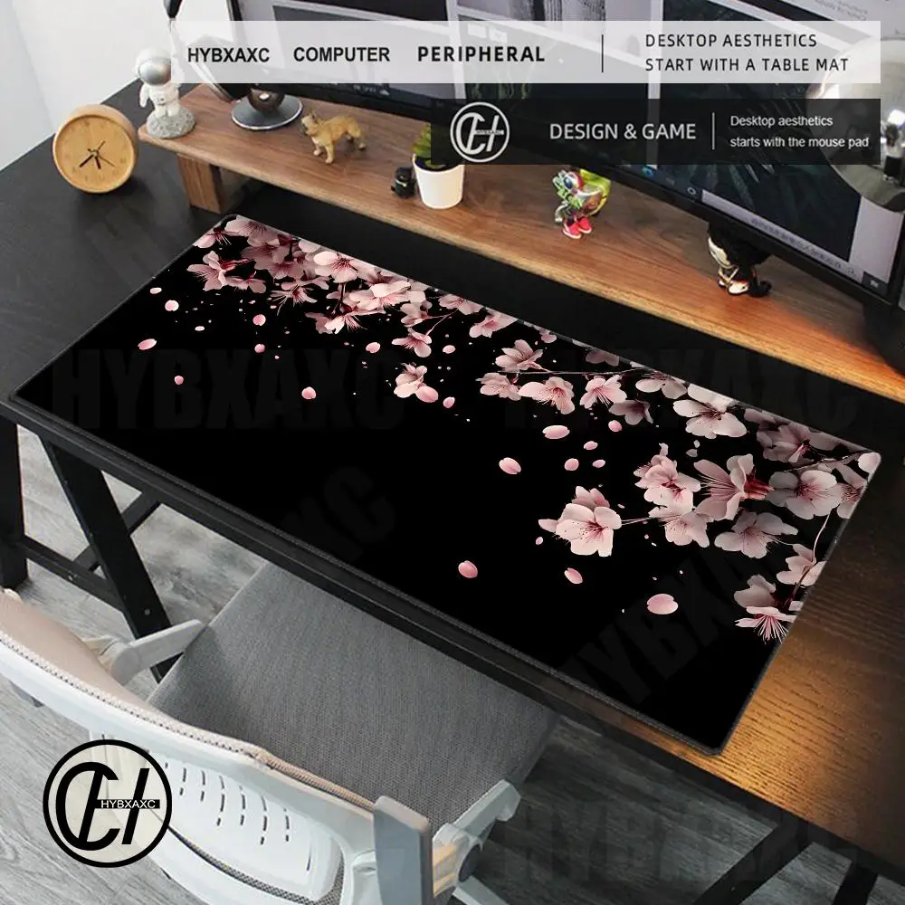 Red Cherry Blossom On Black Design Mouse Pad Large HD Extended Gaming Keyboard Mats Stylish Black and Pink Minimalist Desk Mat