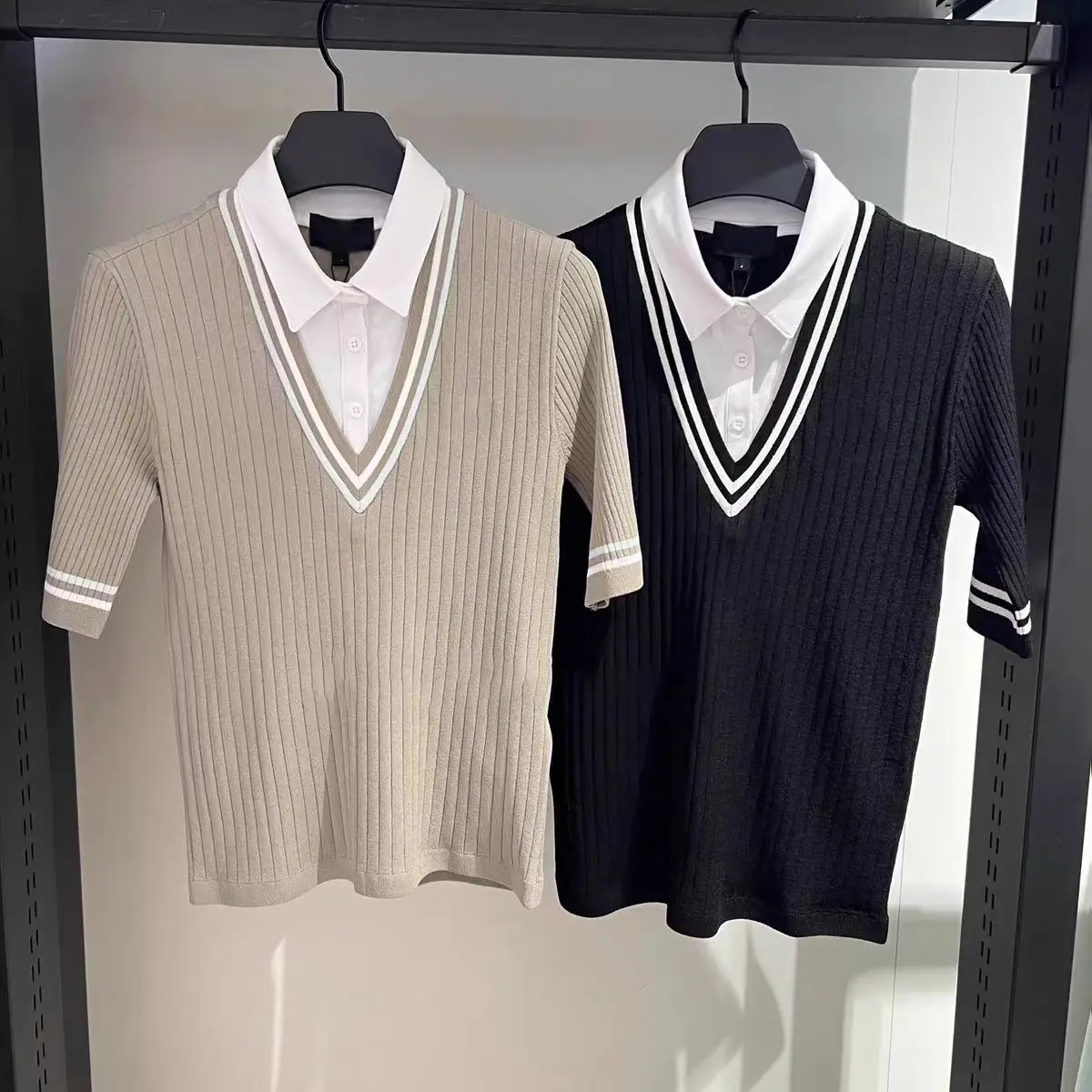 

Women's Golf Clothing: Faux Two-Piece Patchwork Knit Sweater Sporty Casual Versatile Slimming Short Sleeve