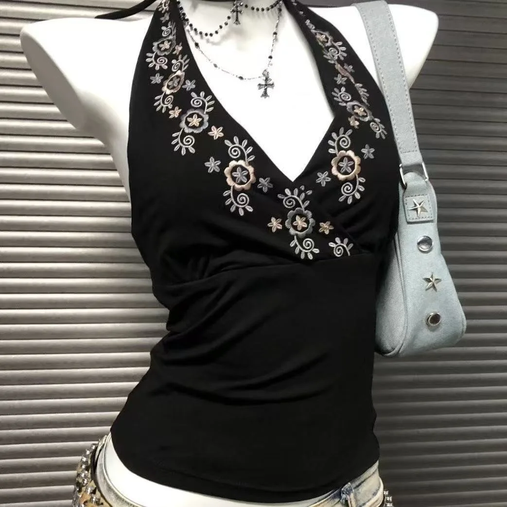 

Retro Beauty Back Vest Summer New Black V-neck Embroidered Neck Sling Backless Retro Top