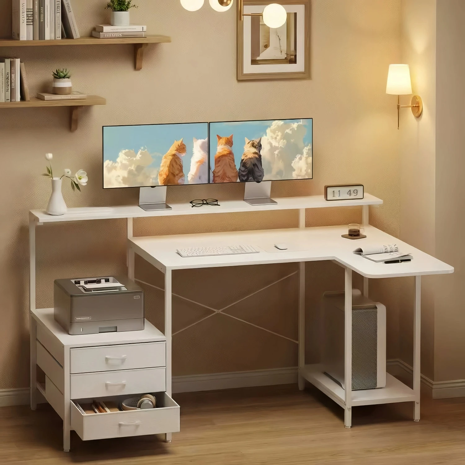 L Shaped Computer Desk with LED Lights, Power Outlets & USB Charging Ports, Foldable Extension Panel, Home Office Desk with Storage Drawers & Open Shelves
