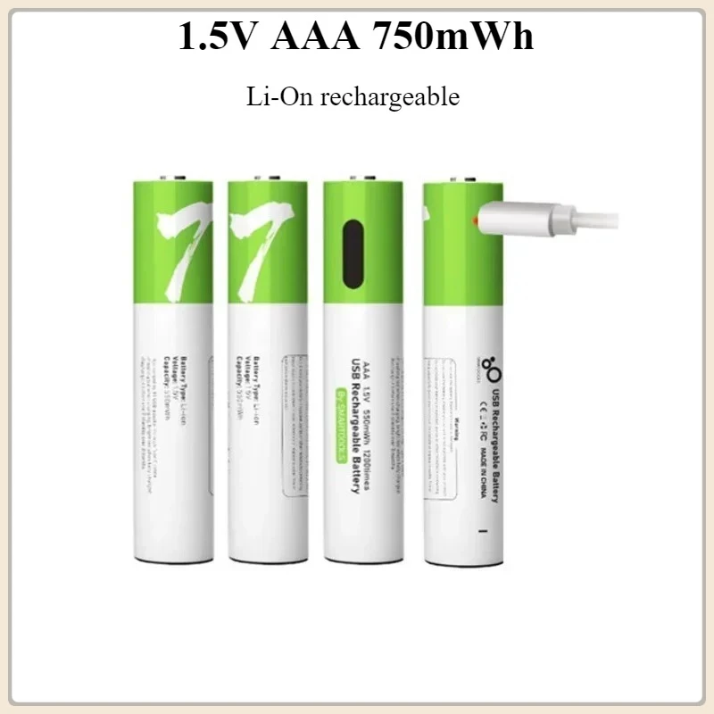 AAA 1,5 V 750 mWh Li-Ionen-Akku für kabellose Maus, Spielzeug, Fernbedienung + Typ-C-Ladekabel, schnelles Laden