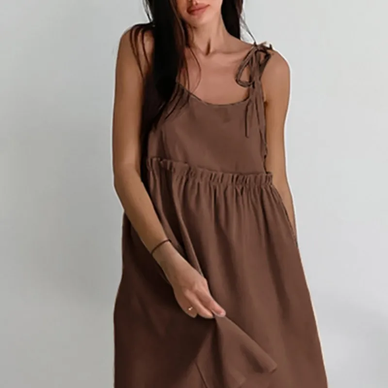 Elegant Cotton And Linen Loose Mini Dress For Women, Simple And Casual Pleated Short Skirt