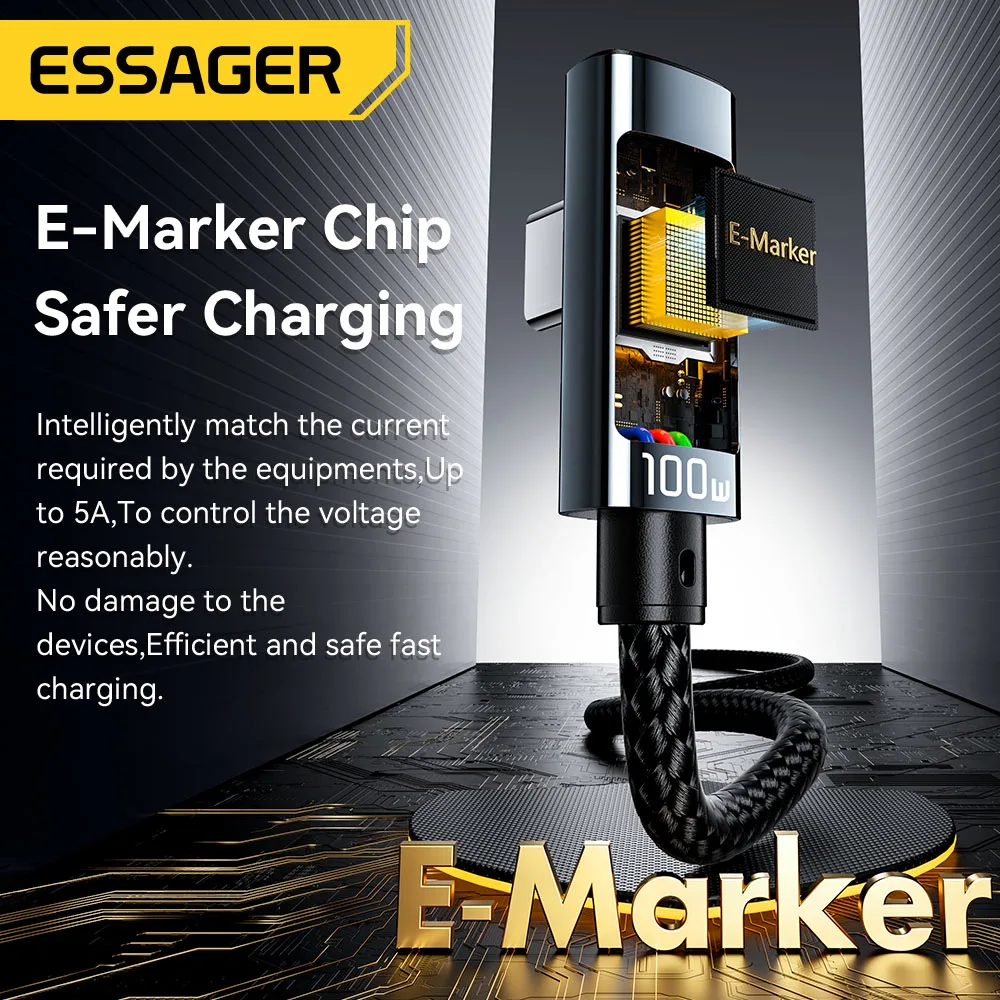 Essager PD100W USB C tipi C kablo hızlı şarj kablosu 90 derece dirsek ekran ile Iphone 15 için Huawei Samsung Macbook Pro