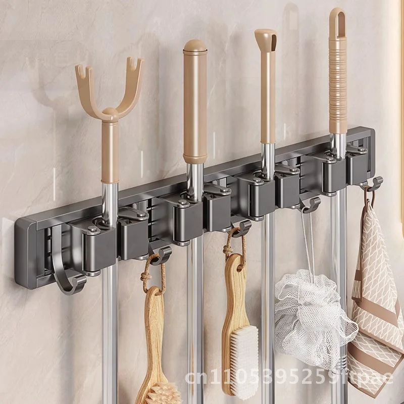 Punch-Free Strong Wall Hanging Mop Clip Hook Buckle Broom Storage Rack for Bathroom Space Aluminum Silver/Gun Gray Luxury-