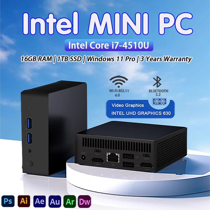 【3-year warranty】2026 New Portable Mini PC Gamer Intel Core i7 4510U Windows 11 Mini Computer Gaming PC Desktop i9 Mini PC
