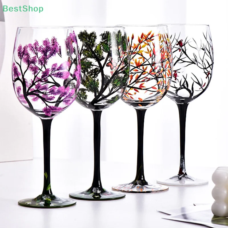 1 Pc New Four Seasons Trees Wine Glasses Creative Printed High Legged Glass Cup for Wine Beer Cocktail Large Capacity Glass Cups