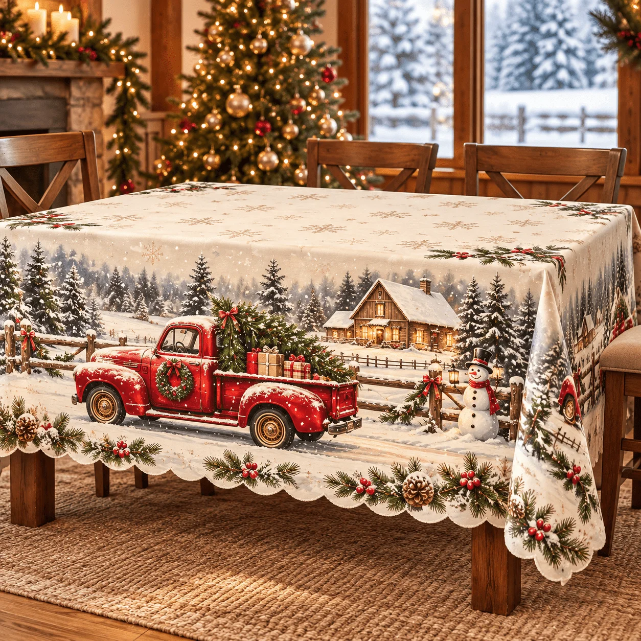 1 rectangular tablecloth, vintage red pickup with Christmas tree, gifts, snowman and snowy log cabin print