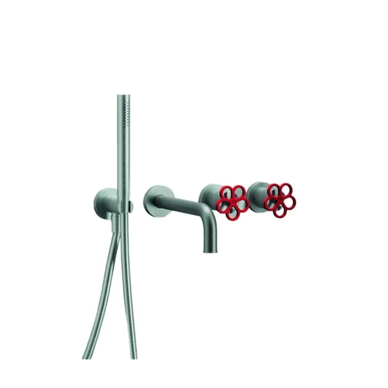 

Bathtub faucet, wall entry, concealed, hot and cold, brushed, red handle