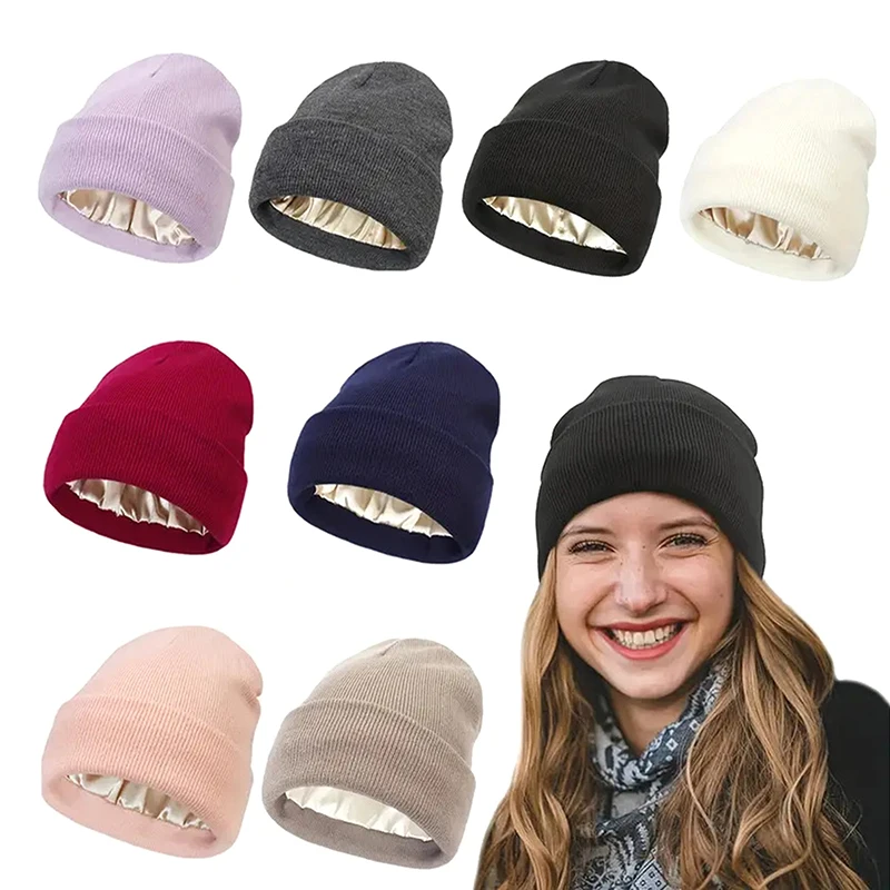 Unisex Satin Lined Anti Static Beanie Hat For Women Winter Silk Lining Slouchy Warm Cuffed 2Layer Hair Cover Sleep Cap