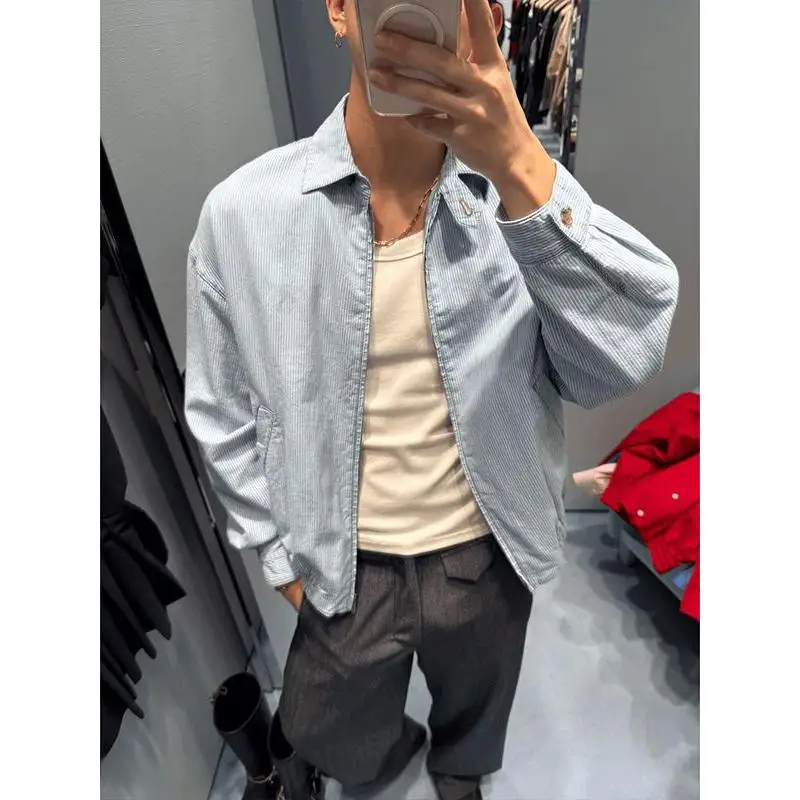 

Blue Striped American Sle Jaet Men's Early Autumn Loose Couple Baseball Outfit Faionable Urban Cotton Long Sve Zipper