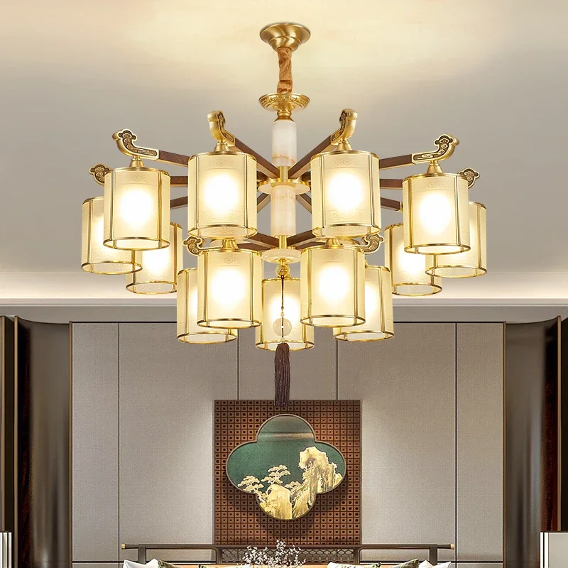 Vintage Chinese Style Copper Chandelier High-End Jade Duplex Building Pendant Lamp for Living Room Bedroom Ceiling Lighting