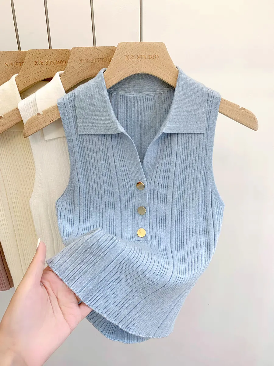 

Polo collar knitted vest women's French sleeveless unique slim top bottoming shirt