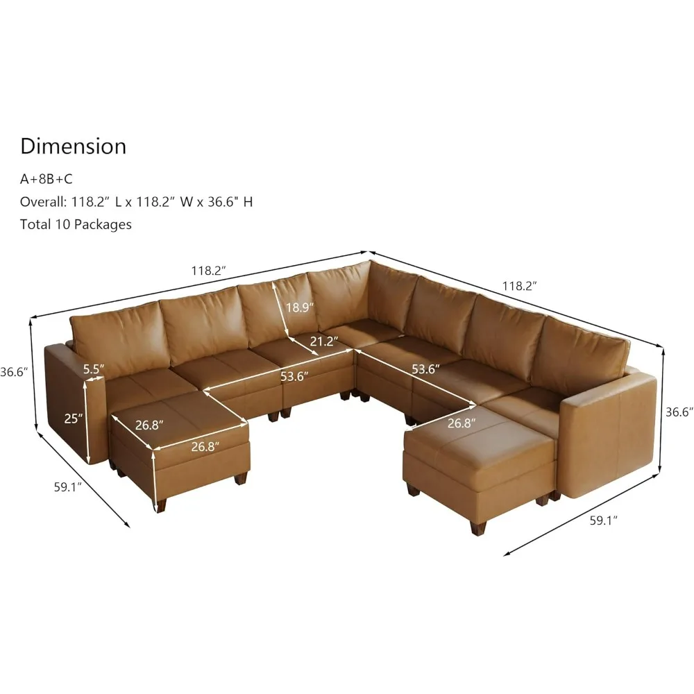 Faux Leather Sectional Sofa, 9 Seat Modular Sectional Sofa Couch U Shaped Sectional Couch with Storage, Living Room Sofas Sets