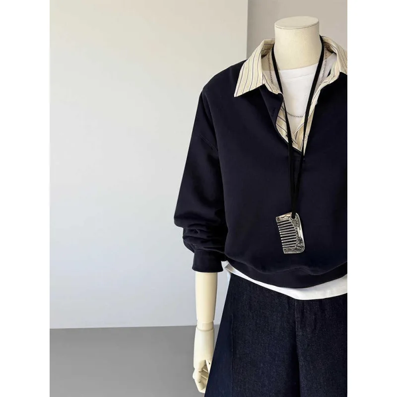 Women's Polo Collar Hoodies, Fake Two Pieces Tops, Casual Style, 2025 Long Sleeve