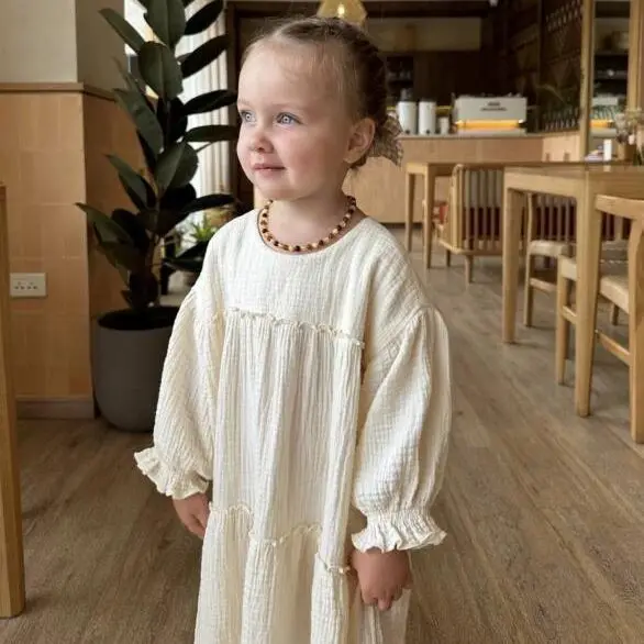 European and American Girls Spring and Autumn Lotus Leaf Lace Cotton and Linen Casual Princess Bubble Sleeve Dress