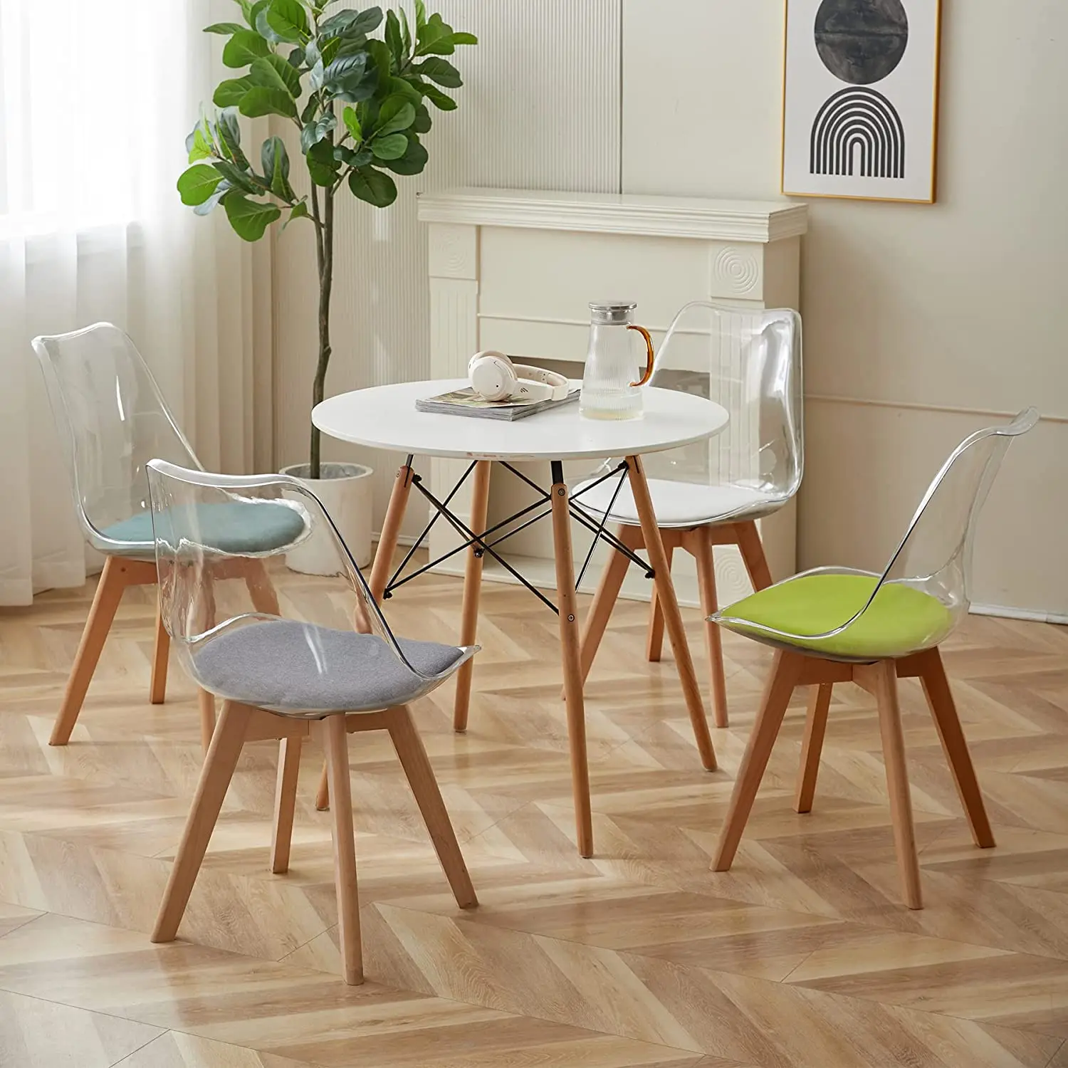 Juego de 4 sillas de comedor transparentes con patas de madera, muebles modernos y cómodos de PU para cocina, dormitorio, sala de estar, hogar y