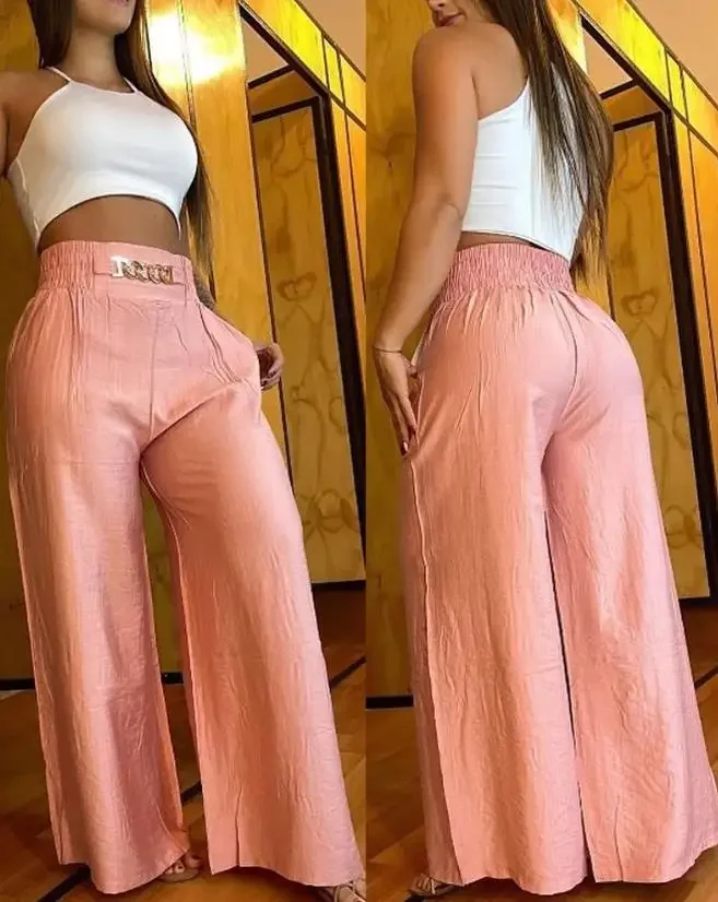 Women Pants 2024 Summer Fashion Chain Decor High Casual Plain Pocket Design Waist Wide Leg Daily Vacation Long Pants Streetwear