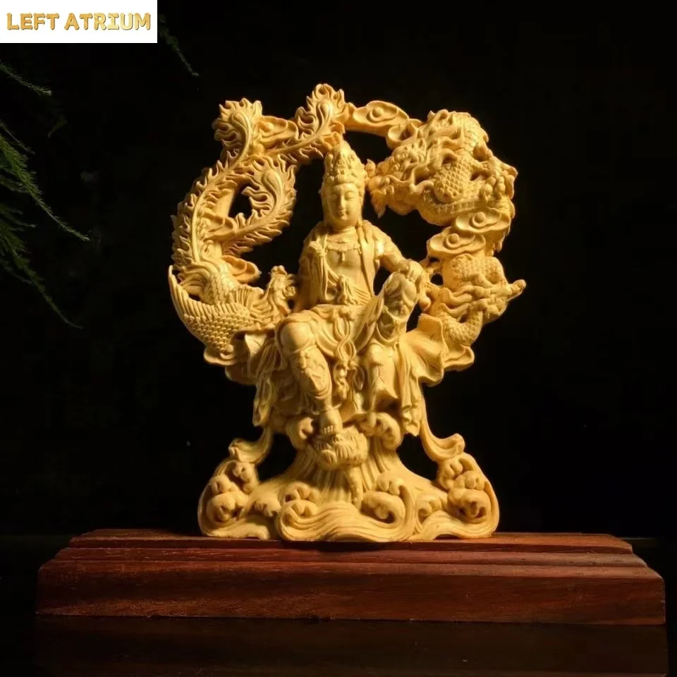 

Chinese Guanyin Woodcarving Dragon and Phoenix Statue Solid Wood Carving Home Decor Buddha Statue