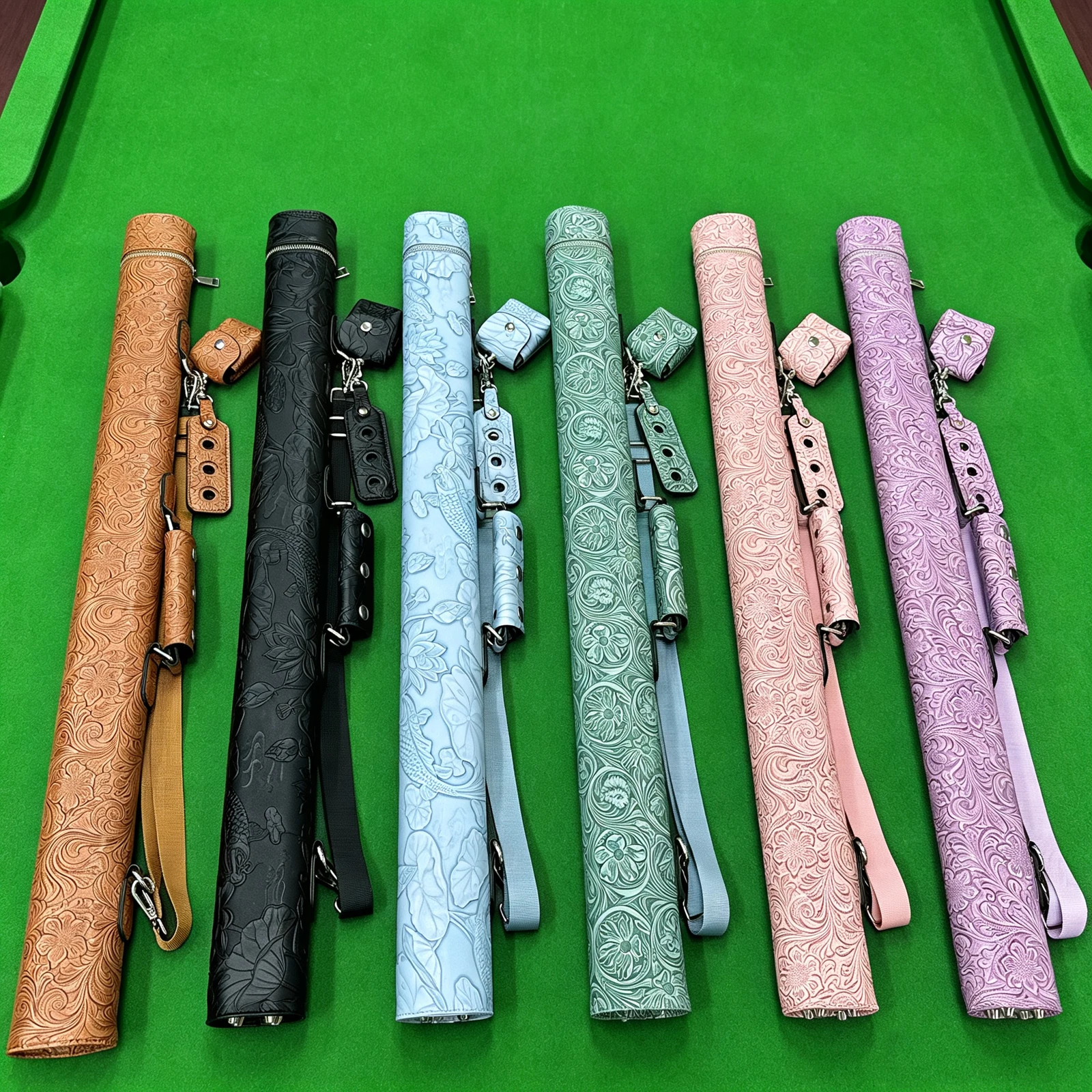 A Highly Fashionable Billiard Cue Case, Available In Black, White, Blue, Green, Brown, Pink And Purple. It Is A 1/2 Segmented Bi